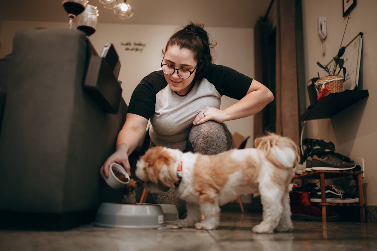 A woman in a casual outfit feeds her small dog indoors, creating a warm, cozy atmosphere.